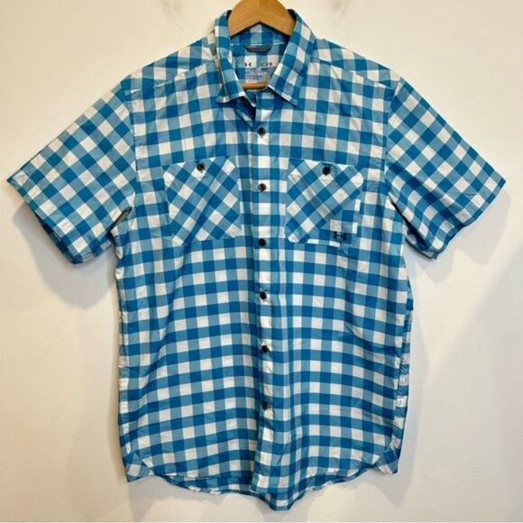 Under Armour Men’s CHESAPEAKE Check SHORT SLEEVE Button Up Shirt Blue White - Picture 1 of 6